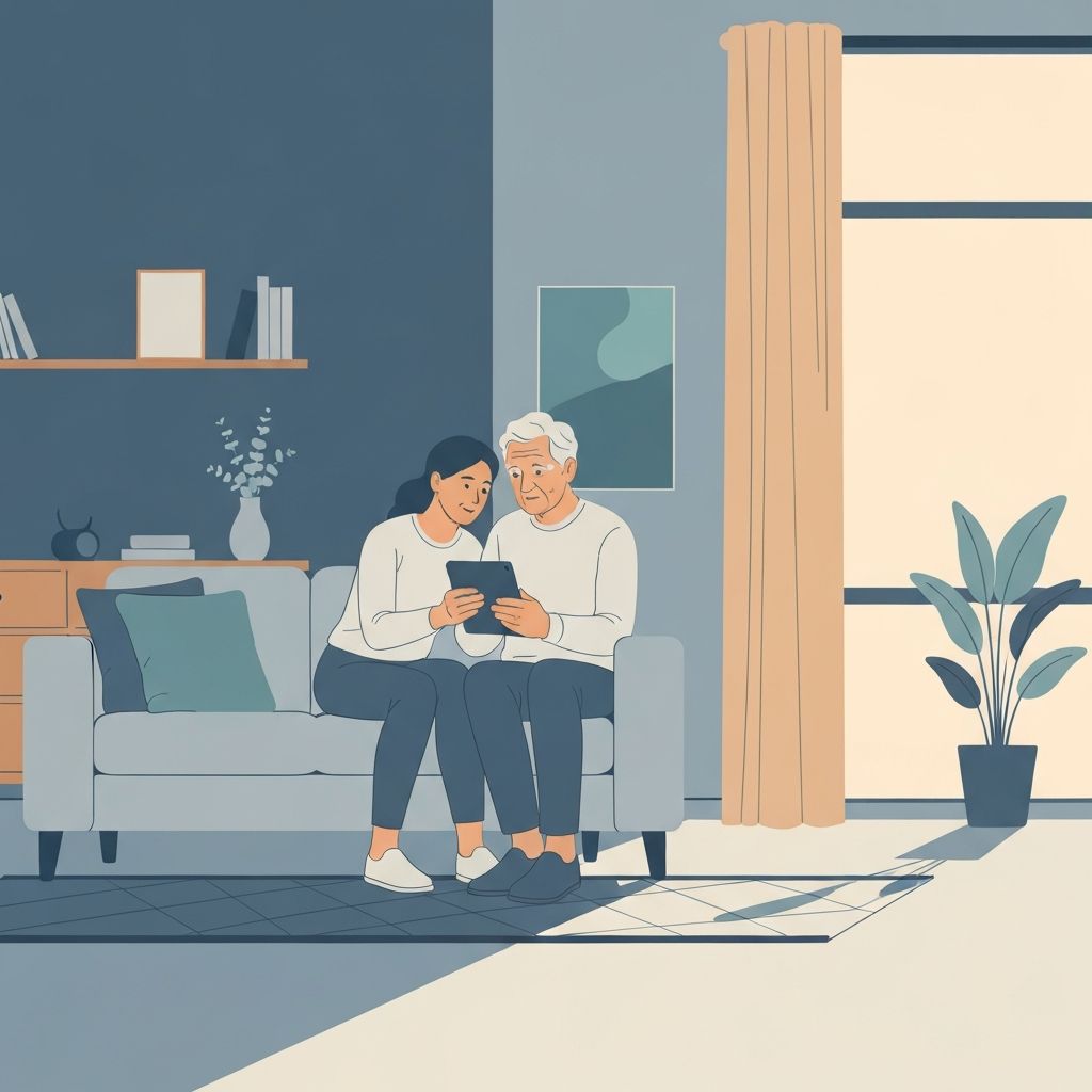 Older adult engaging with technology supported by a caregiver